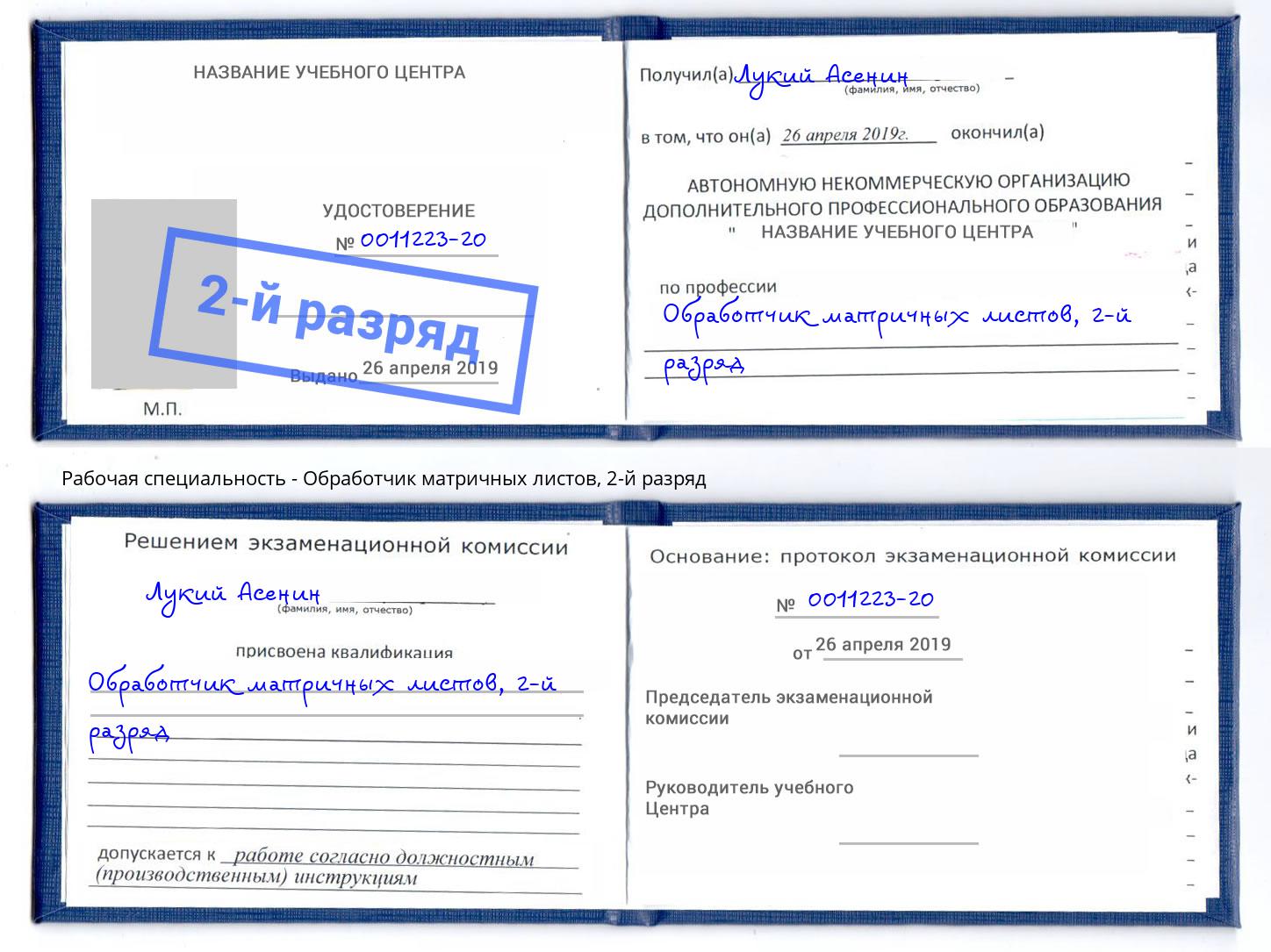 корочка 2-й разряд Обработчик матричных листов Иваново