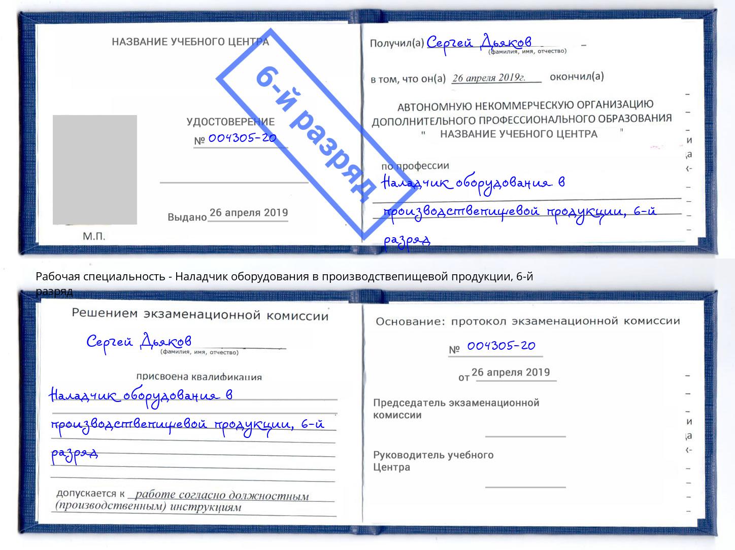 корочка 6-й разряд Наладчик оборудования в производствепищевой продукции Иваново