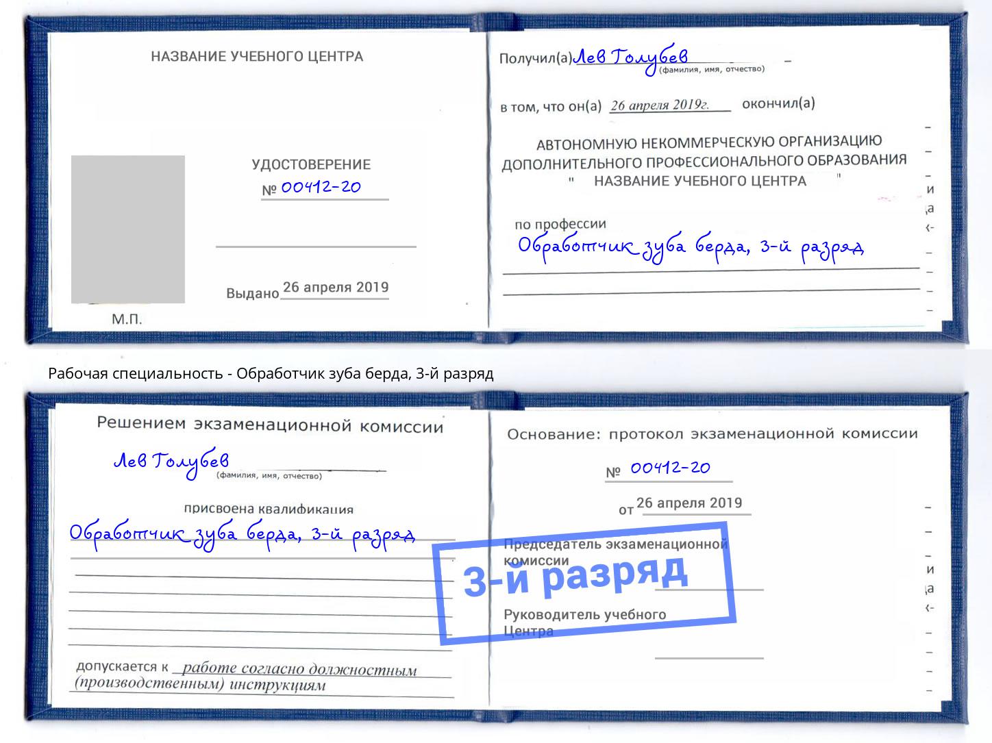 корочка 3-й разряд Обработчик зуба берда Иваново